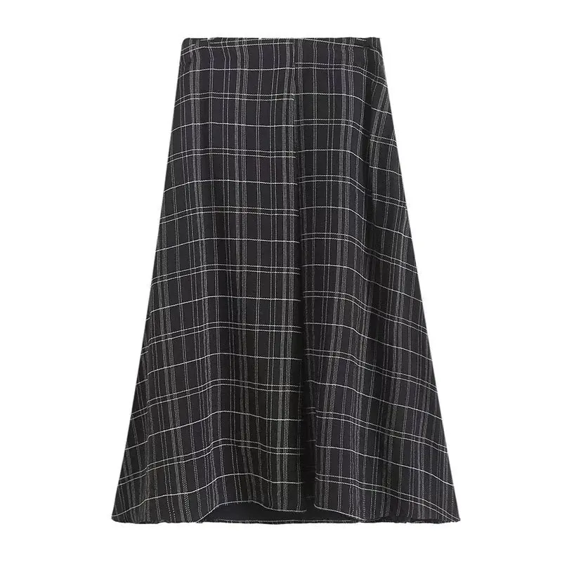 Wixra 2022 Women A Line Midi Skirt Plaid Zipper High Waist Lady Spring Summer Preppy Style Classic High Street Lady Bottom black leather skirt