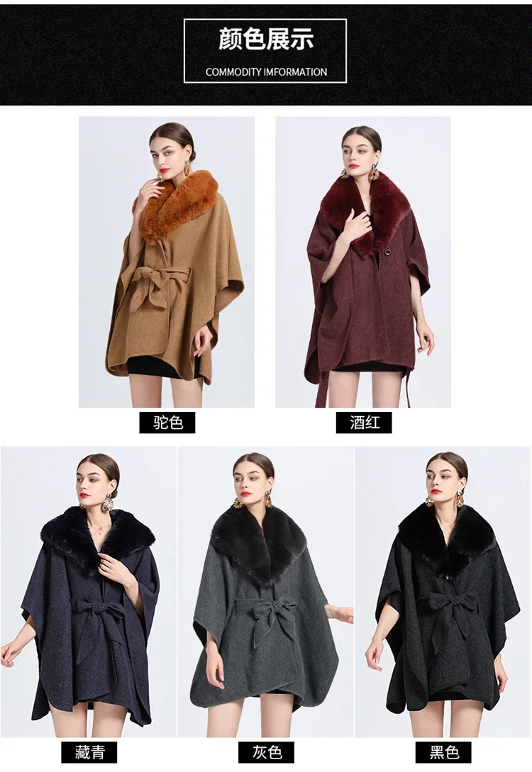 Description Picture 2 of item5 Colors Women Cardigan Triangle Neck Belt Out Streetwear Loose Cloak Winter Warm Woolen Poncho Cappa Faux Rabbit Fur Shawl Coat