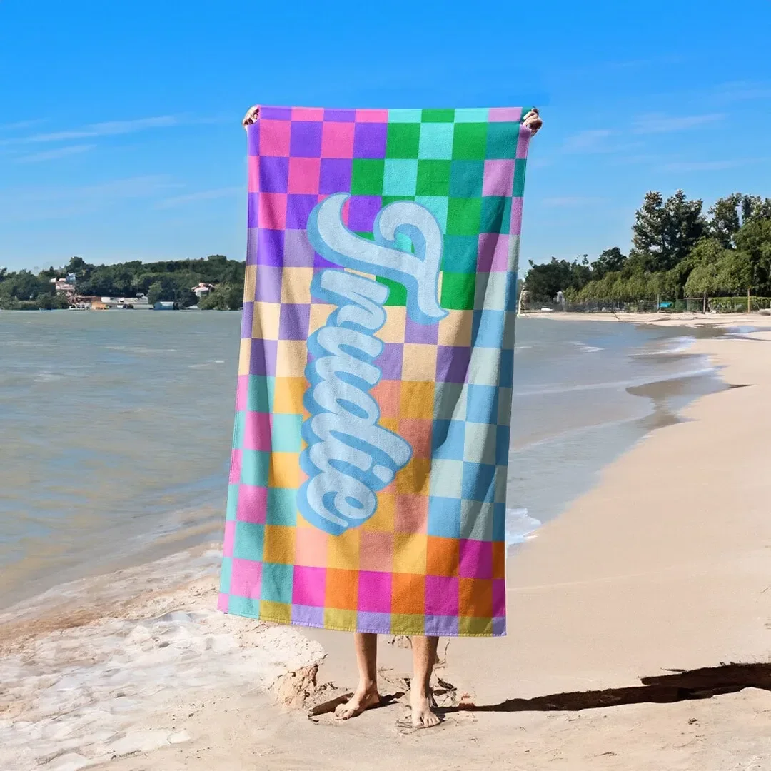 

Name Colored Checkered Flower Towel Font Personalized Beach Towel Bath Towel Swimming Pool Beach