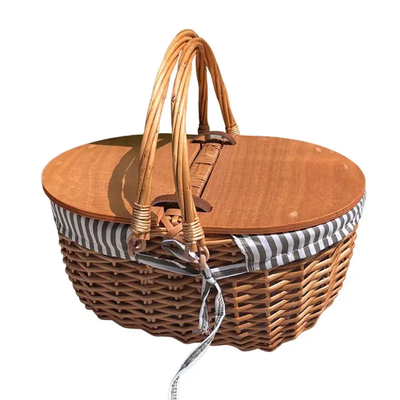 

Portable Picnic Hamper Wood Chip Design Pattern Lining Picnic Hamper Vintage-Style Wicker Picnic Hamper With Folding Woven