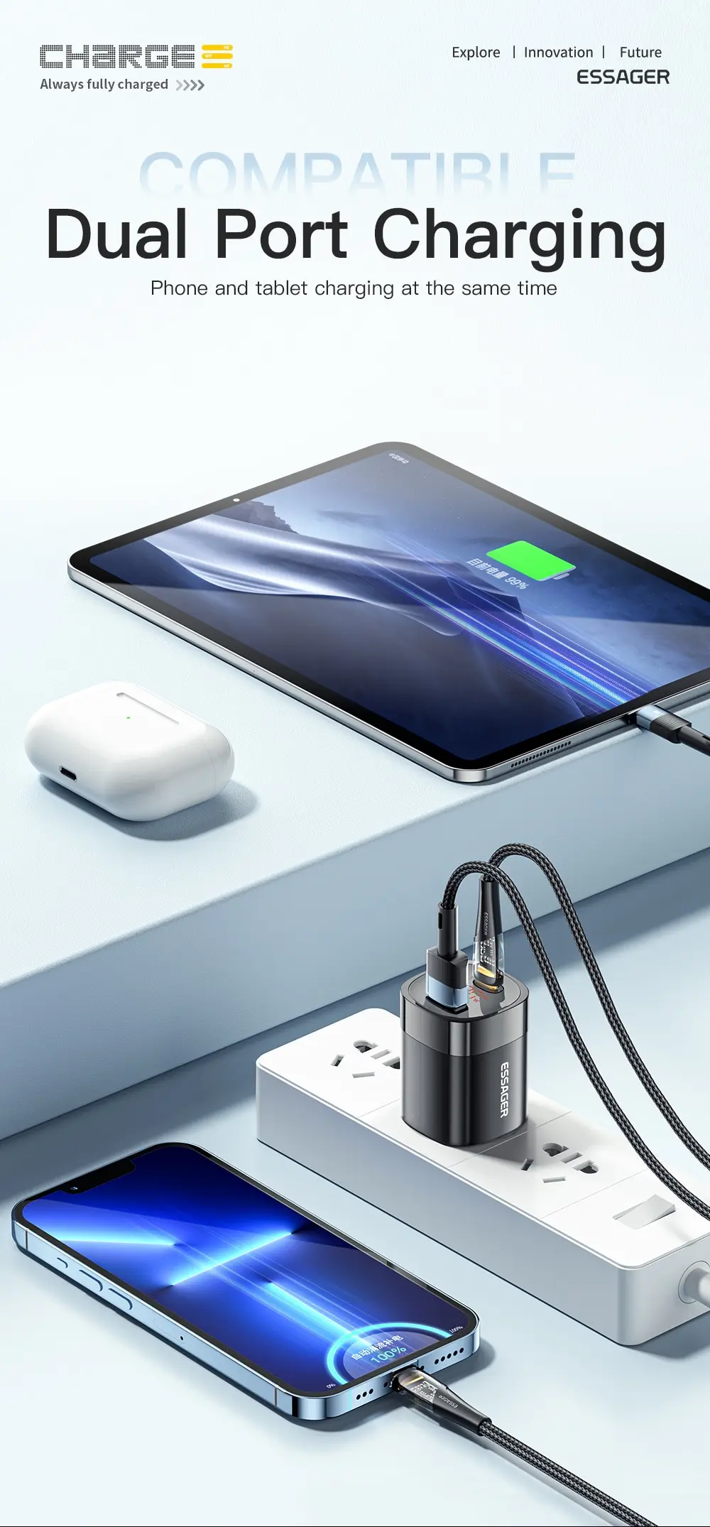 Essager 33W Gan USB C Charger Digital Display PD Rychlé nabíjení pro iPhone 13 12 Max Pro iPad pro Xiaomi Poco Samsung Charger ES