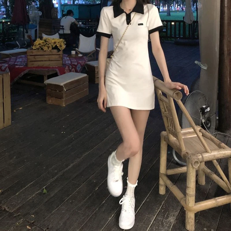 Polo Women's Dress 2023 Summer Y2K One Pieces Korea White Short Sleeve Mini Skirt Slim Tight Collar Dress Female Kpop Outfit Ins