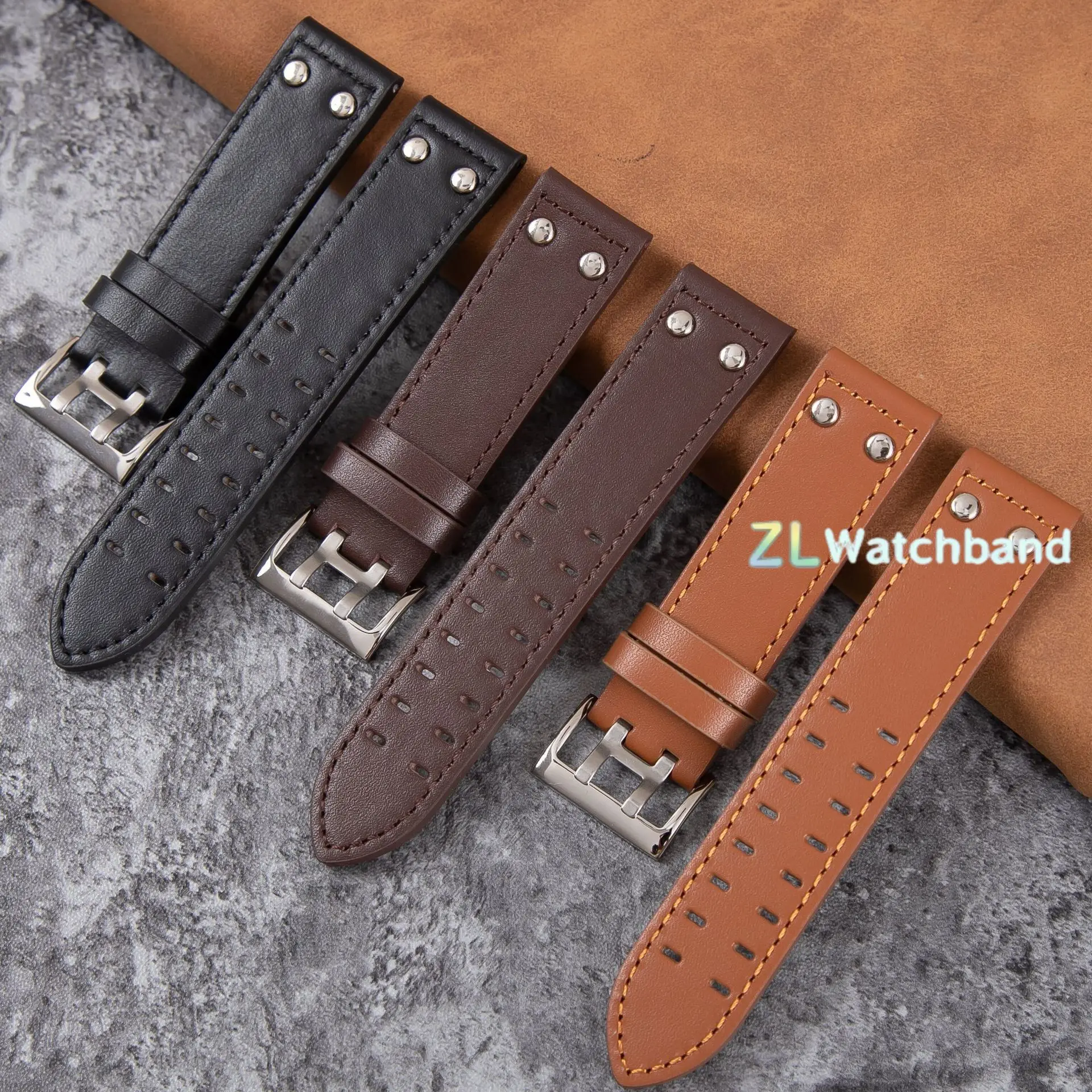 Vintage Genuine Leather Watchband with Rivet Detailing, 20mm/22mm