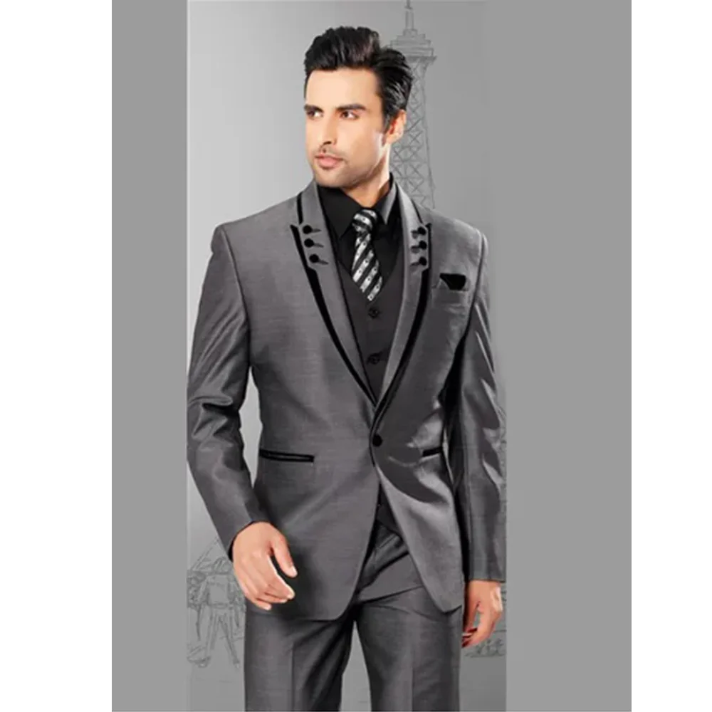 Groom's Wedding Tuxedo Gray Formal Men's Long Suit Jacket Pants Vest 3-piece Set Customized Outfit XS-5XL