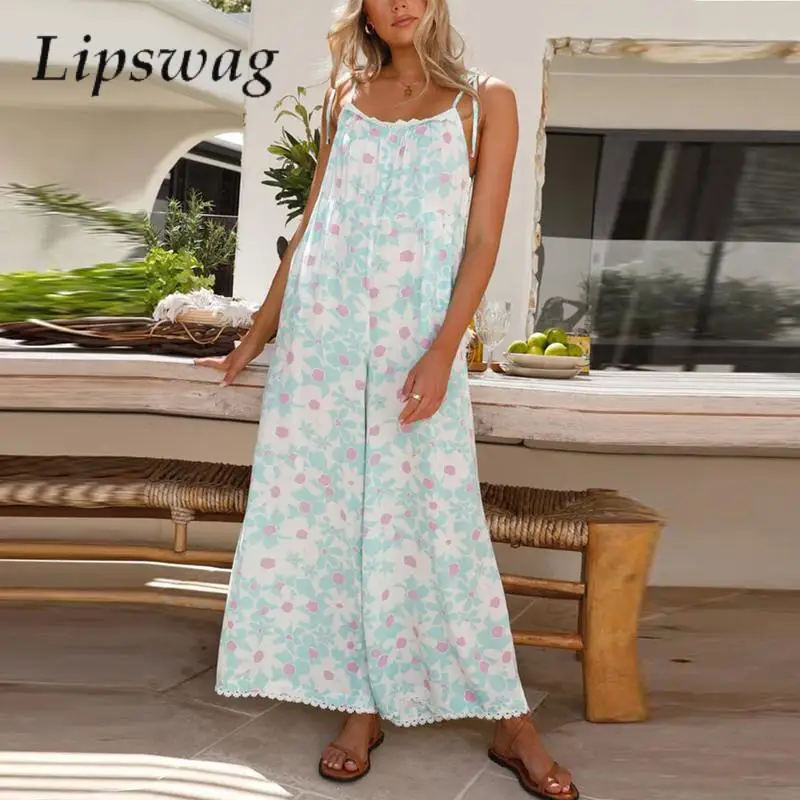 

Casual Loose Wide Leg Beach Boho Jumpsuit Summer Female Sleevless Tie-up Sling Romper Vintage Spring Floral Print Women Overalls