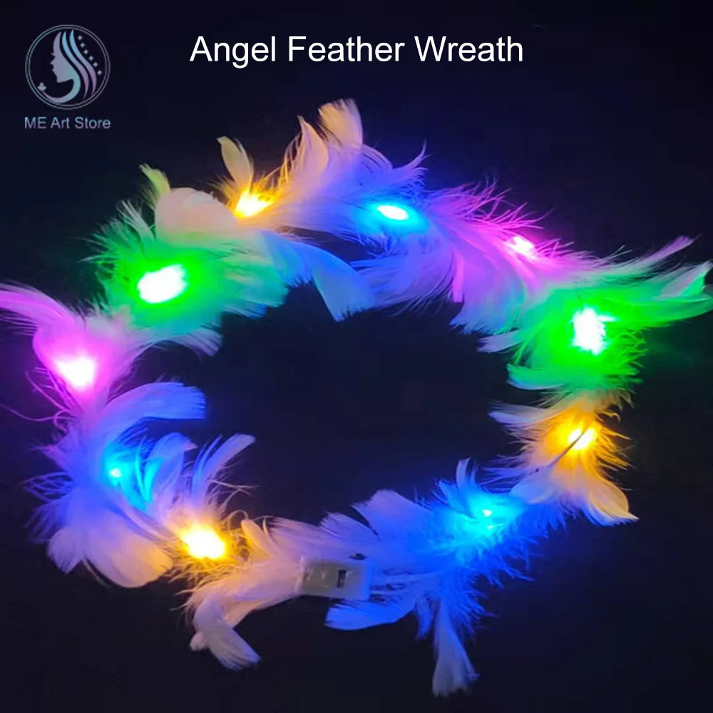

LED Feather Wreath Crown Headband Battery Power Light-Up Angel Halo Headband Luminous Headdress for Wedding Christmas Glow Party
