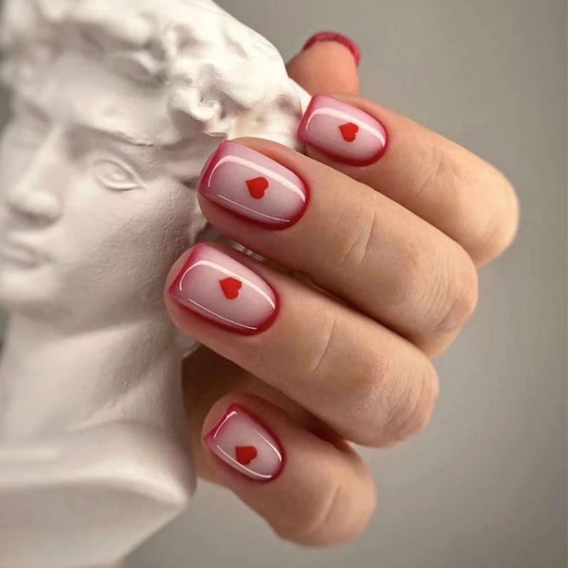 Cute Red Love Heart French Short Square Fake Nails Valentine's Day