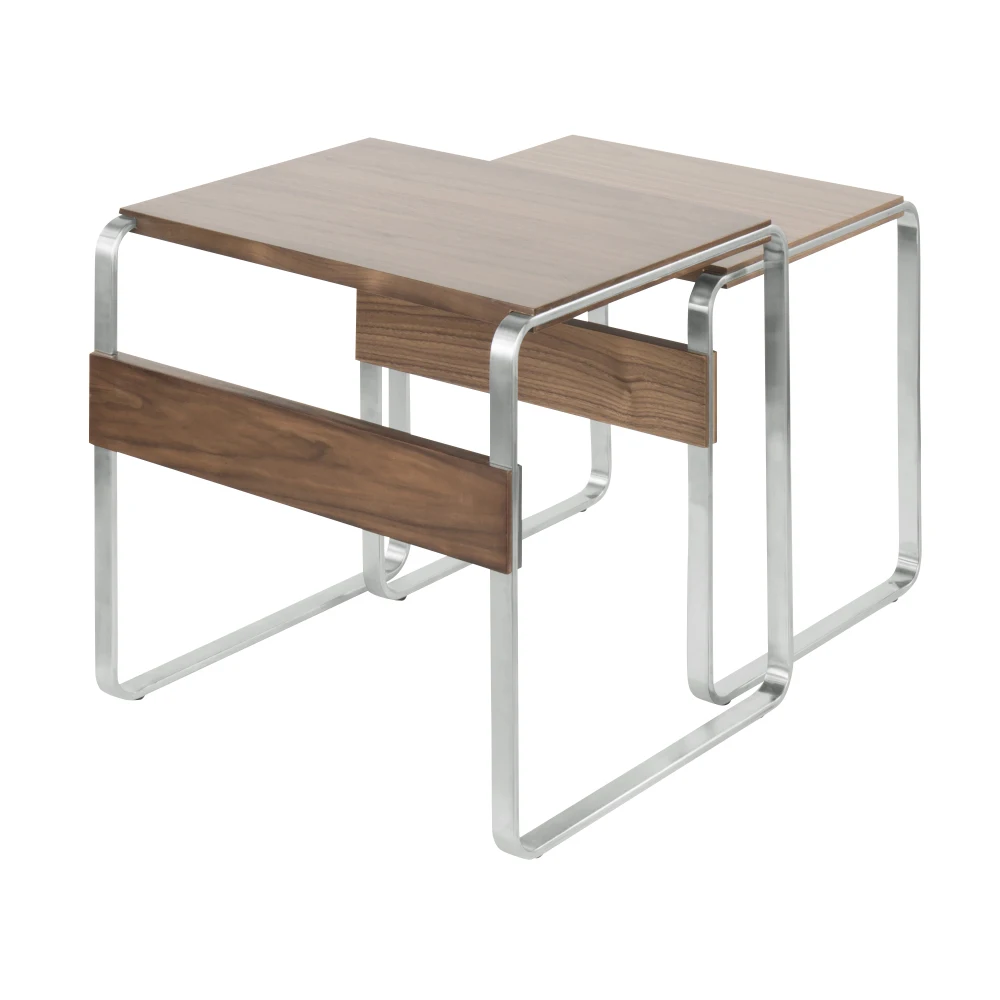 "Tea Side Nesting Tables: Stainless Steel & Walnut, Modern Design" 3