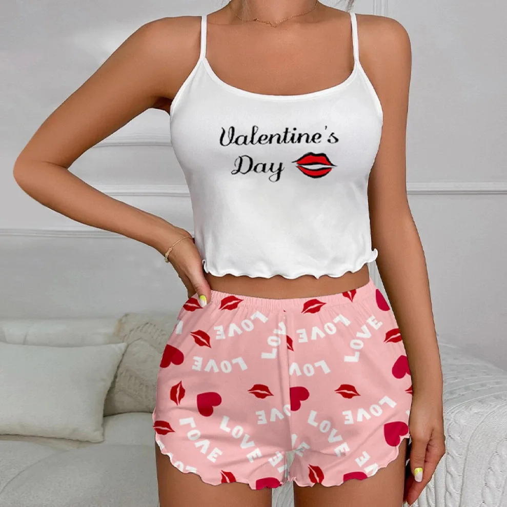 Summer Women's Milk Silk Printed Crown & Flamingo Shorts  Tank Top Two-Piece Set Casual Loungewear Homewear Sleepwear