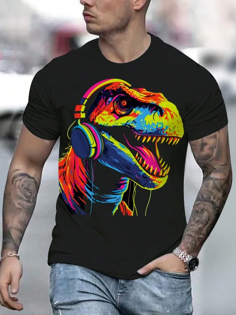 

Y2k Men's Short-sleeved T-shirt Fashion Bright Color Science and Technology Dinosaur Head Print T Shirt Casual Men's O-neck Tee