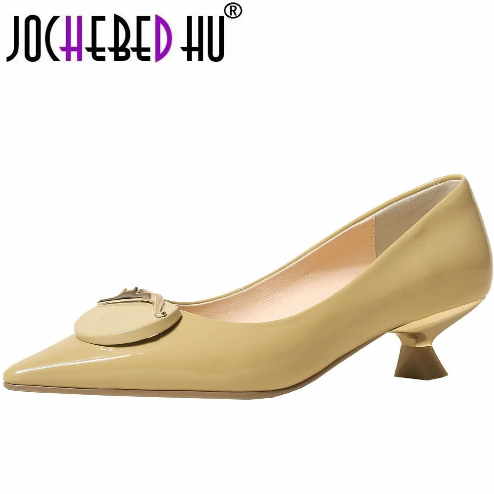 

【JOCHEBED HU】brand new style fashion women pumps genuine leather buckle pointy toe stiletto stripper High heels shoes 34-40