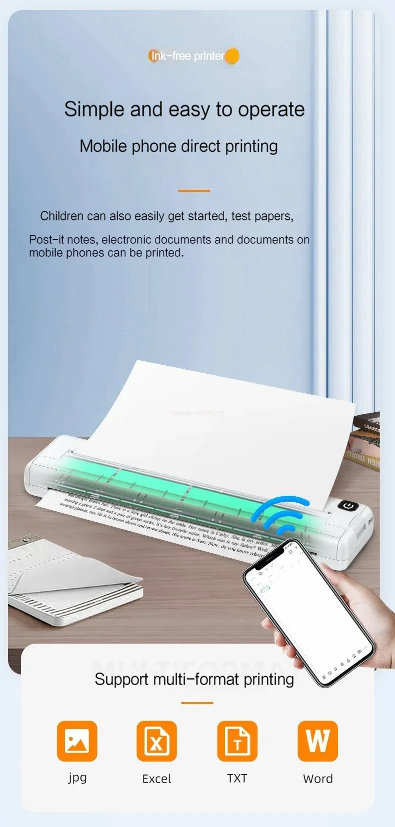 Description Picture 5 of itemA4 Thermal Printer Small Home Office Bluetooth Wireless Handheld Portable Inkless Thermal Printing School Supplies for Topic