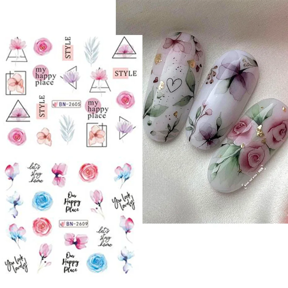 12 PCs Nail Sticker Set Spring Summer Water Decal Nail Art Ink Flowers Leaves Graffiti Slider for Nail Decoration Foils Tattoo 2