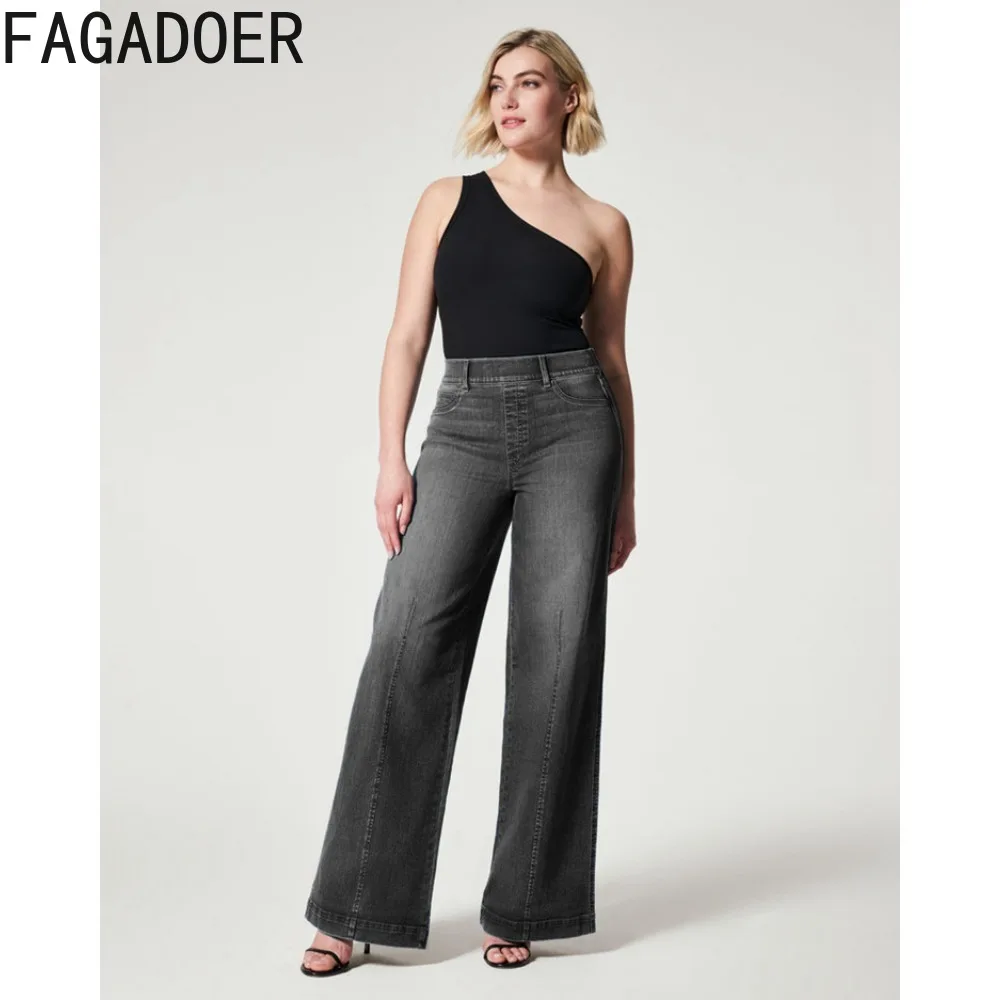 FAGADOER Vintage Fashion OL Streetwear Women High Waist Button Wide Leg Denim Pants Casual Female Cowboy Trousers Autumn Jean