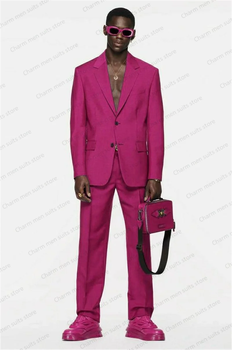 

Hot Pink Men Suits Set 2 Piece Blazer+Pants Tailored Solid Color Jacket Fashion Handsome Party Tuxedo Best Man Coat Prom Dress
