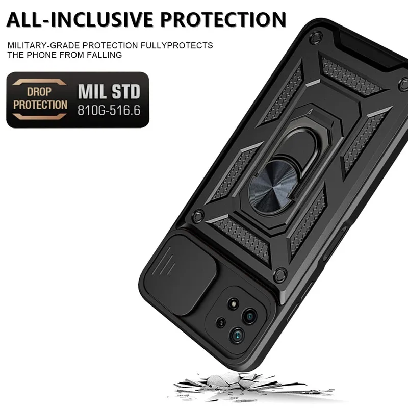 Shockproof Slide Lens Armor Phone Case with Magnetic Ring Holder - Enhanced Protection