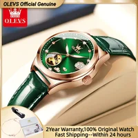 OLEVS 6601 Green Leather Strap Women Watch Automatic Mechanical Movement Waterproof Diamond Fashion Watch
