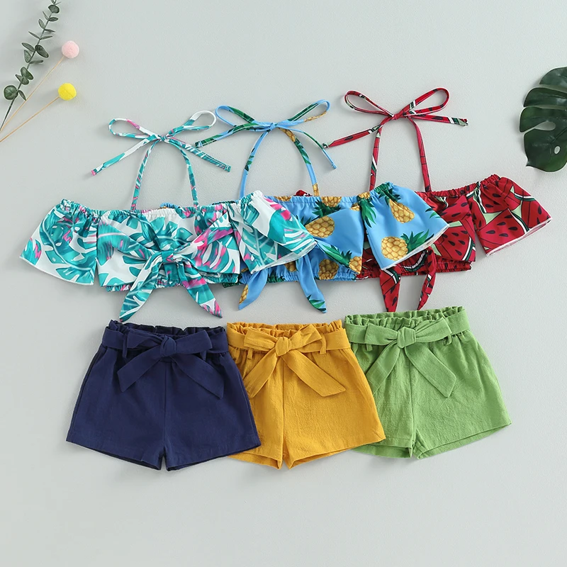 

Kids Clothes Girl Summer 2Pcs Outfits Off Shoulder Print Tie-Up Off-Shoulder Tops Shorts with Belt Set Streetwear