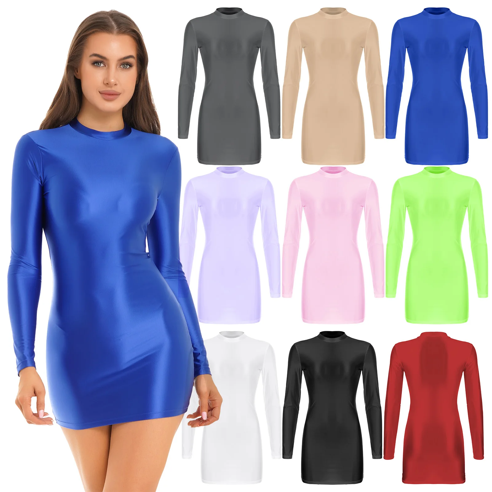 Women Oil Bodycon Dress Smooth Stretchy Tight Party Dress Female Sexy Envening Dresses Glossy Long Sleeve Bodycon Dress Clubwear 6