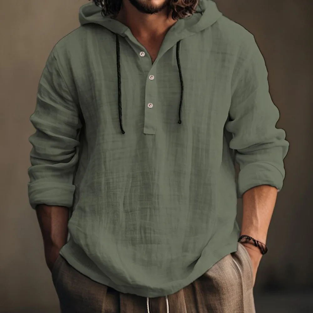 Cotton Linen Hooded Coat for Men Autumn Spring
