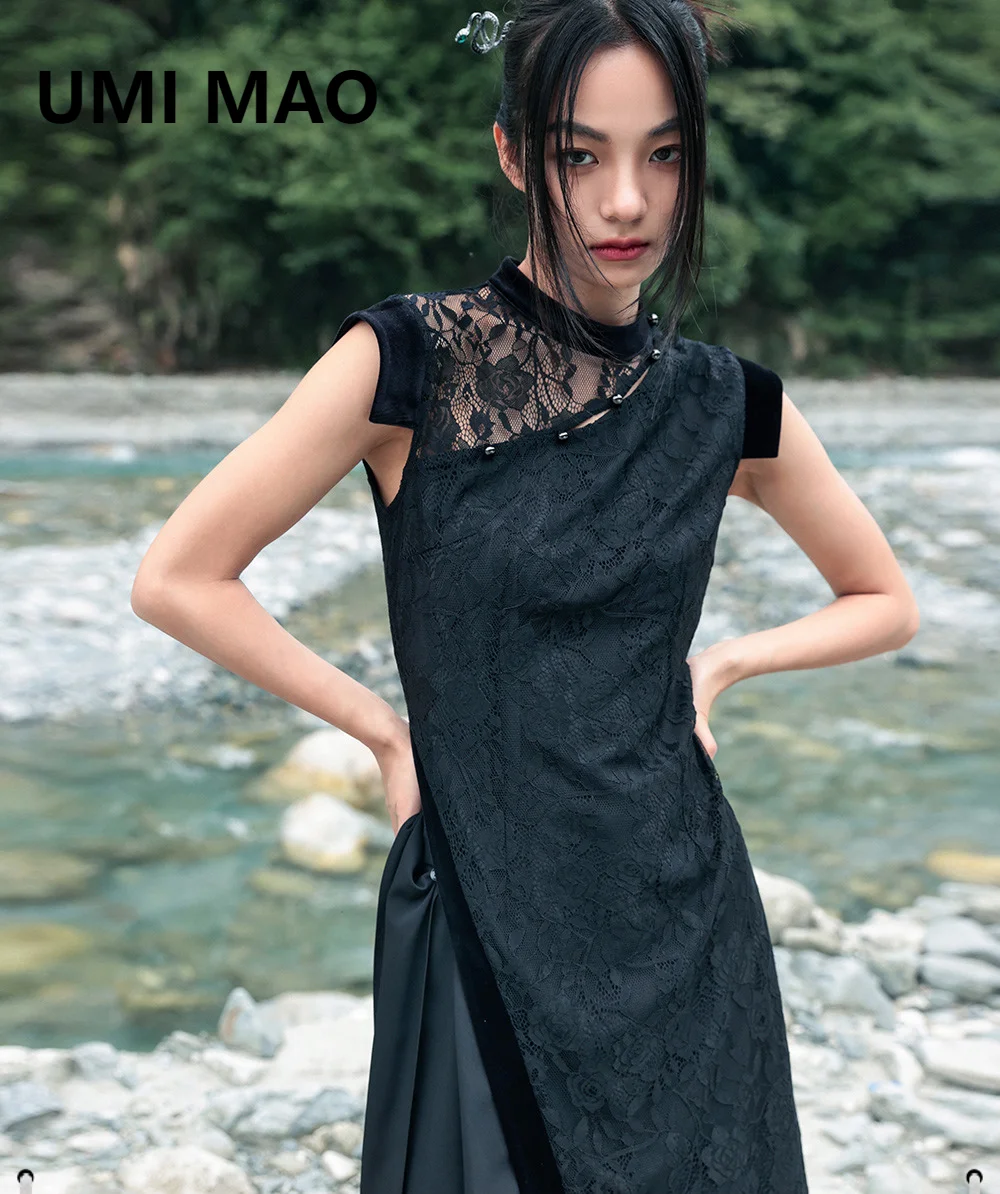 

UMI MAO New Chinese Style Lace Dress Elegant Women's Summer Vintage Split Improved Long Cheongsam Top Femme Women