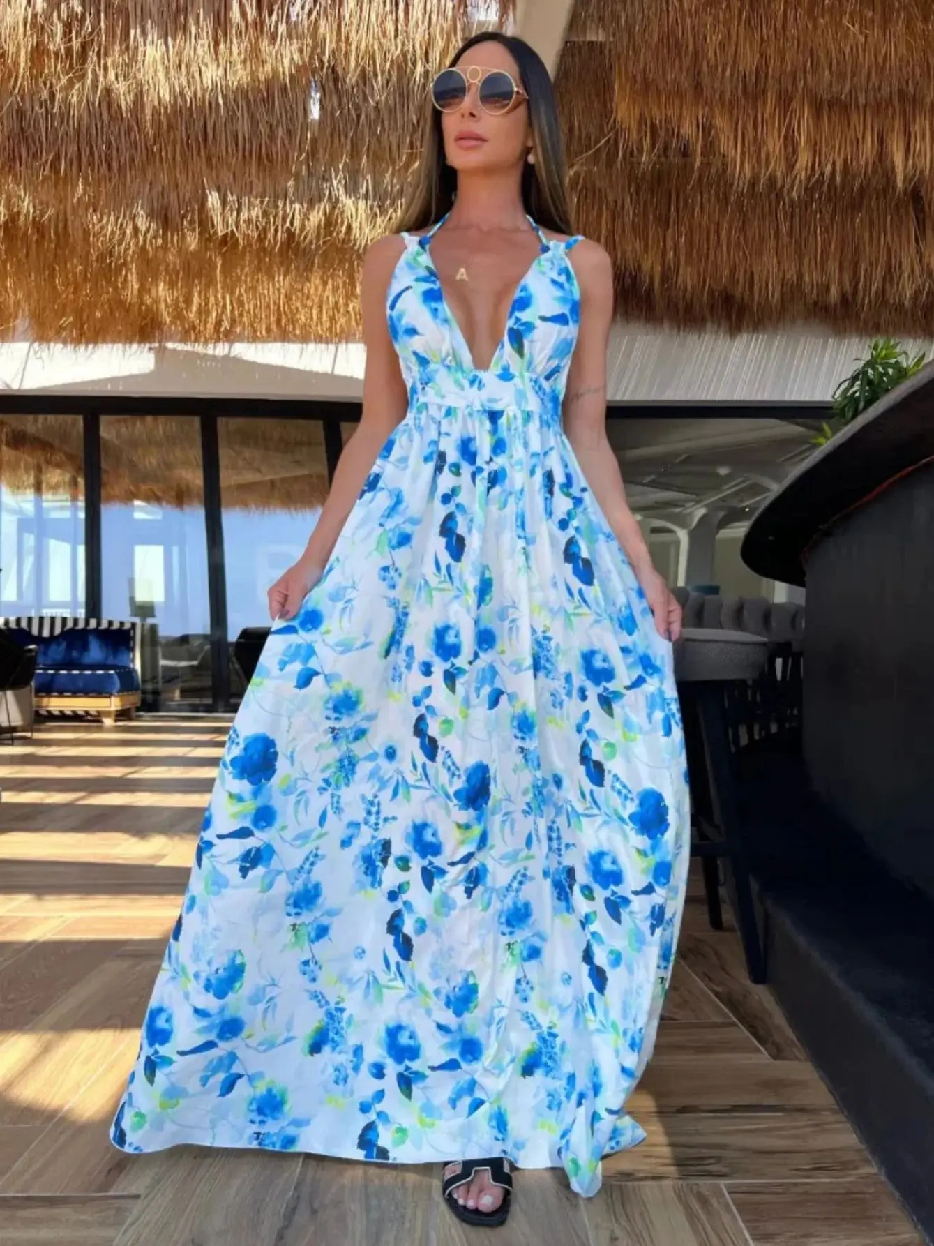 

2023 Elegant Summer Women Print Maxi Dress Sexy Halter Backless Beach Dress Lady Casual Party Tank Top Slit Camisole Dress