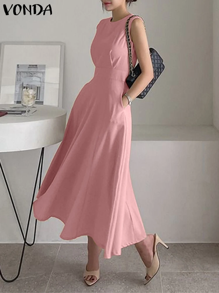 

VONDA Women Long Shirt Dress 2023 Elegant OL Style Maxi Sundress Pockets Summer Casual Solid Color Sleeveless Pleaed Party Robe
