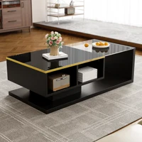 Table basse avec rangement, étagères ouvertes et LED 16 couleurs, robuste, pour le salon, verre trempé et panneaux noirs 2