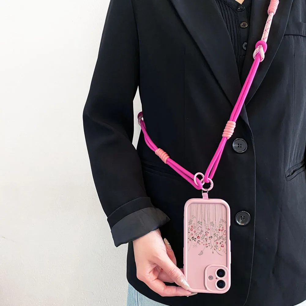 Floral Crossbody Lanyard Phone Case with Necklace Strap and Wrist Chain Cover