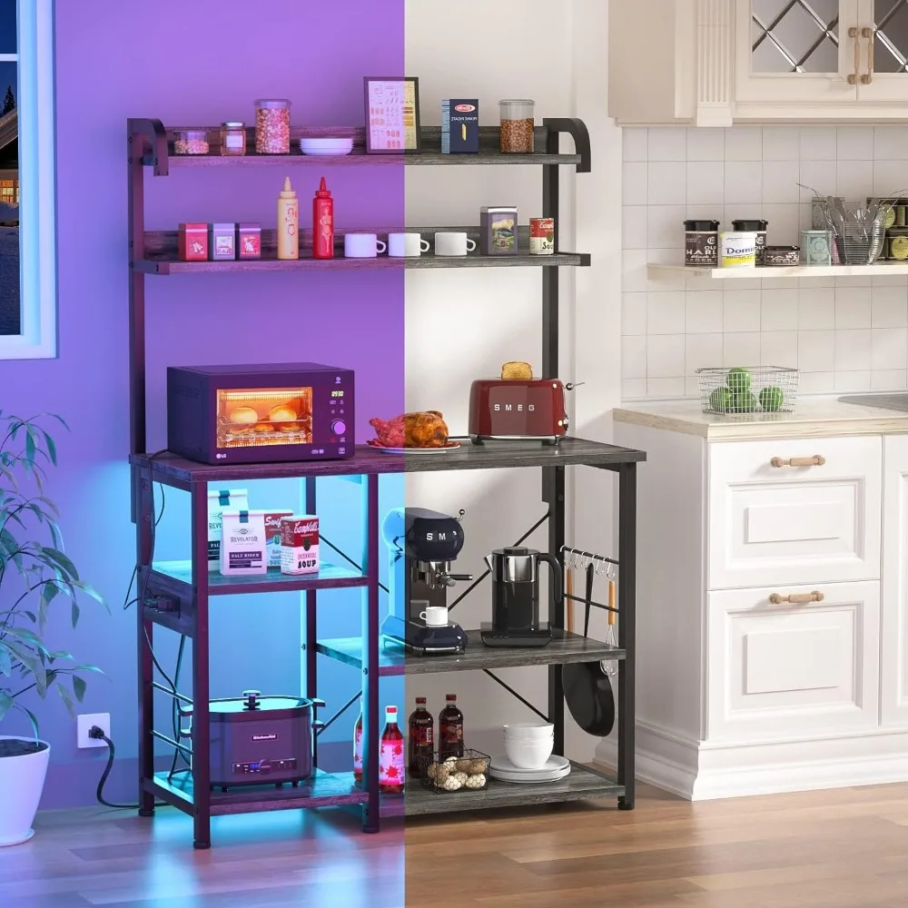 

Bakers Rack with Power Outlets and Led Lights, Kitchen Storage Shelf, 7-Tier Microwave Stand Cart Coffee Bar Table Organizer