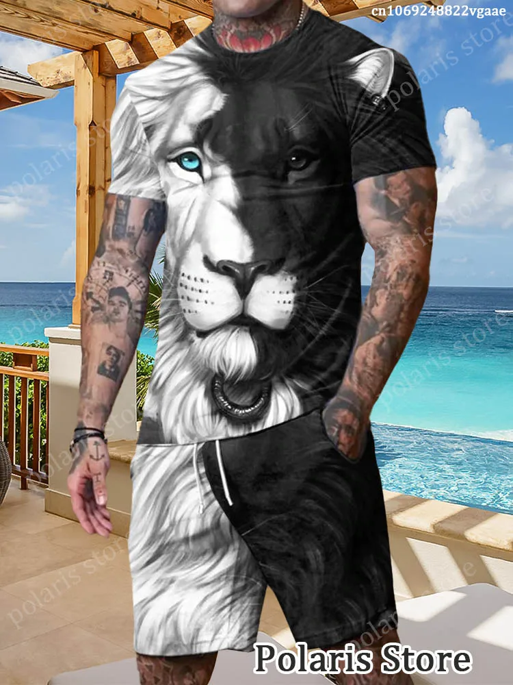 Lion T Shirt Set 2 Piece Outfit Tracksuit Men Oversized Clothes Summer Track Suit summer designer t shirt men fashion beach shorts tracksuit set 2 piece male clothes sport outfit casual oversized man sportswear