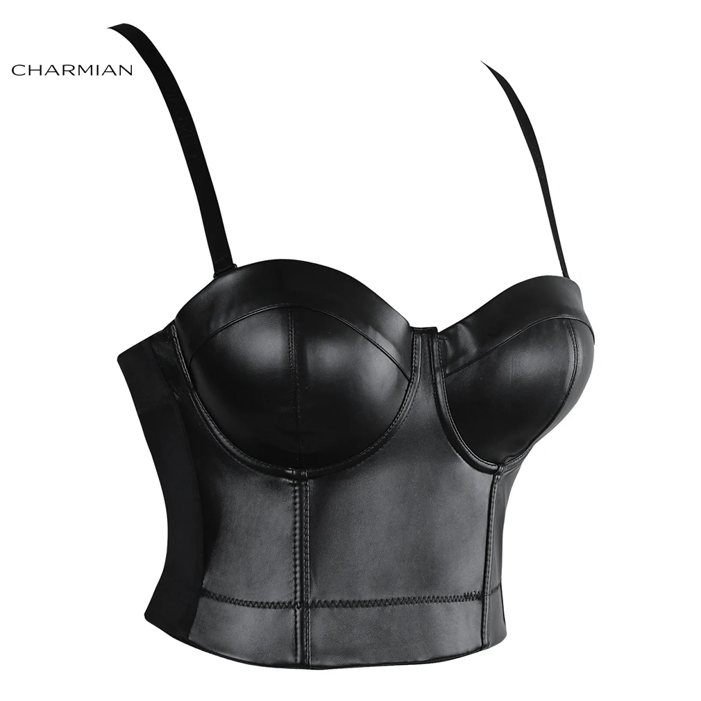 Charmian PU Leather Bustier Crop Top Women's Steampunk Sexy Spaghetti Strap Push Up Plus Size Party Corset Bra Top Black Gothic