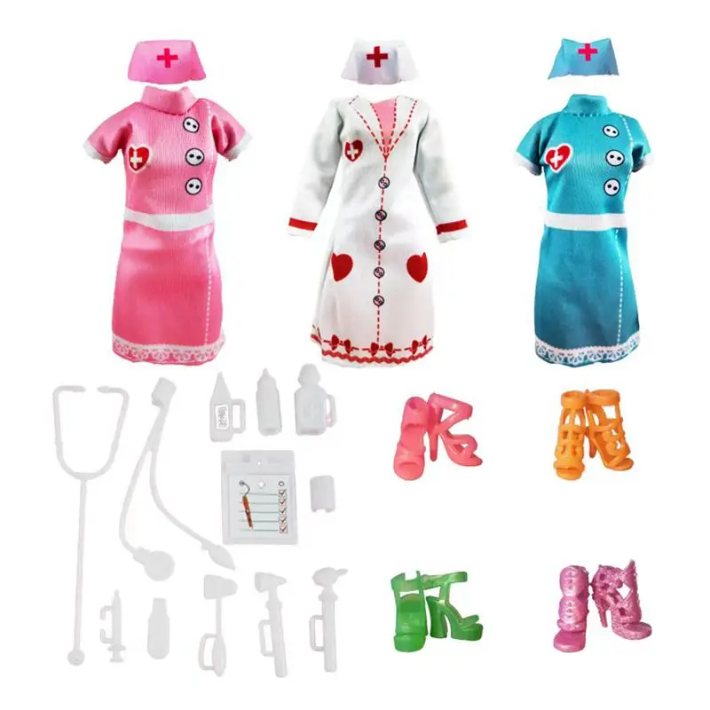 Kids Toys Fashion Outfit Dress Clothes Doctor Nurse Chef Wear Kawaii 21 Items/Lot Doll Accessories 30cm For Barbie Dolls Gifts