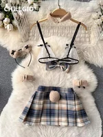 CHILLGIO Women Sexy Pleated Skirts Suits Lace Bra Brief Plaid Mini Skirt Preppy Style Ins Hotsweet Erotic Pajamas 5 Pieces Sets 2