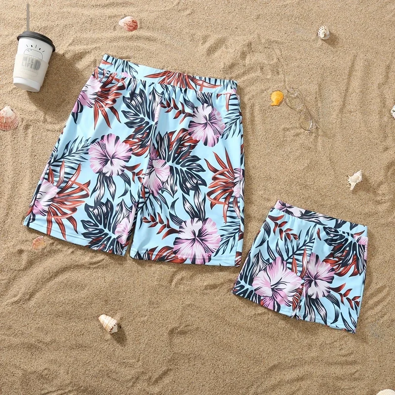 2025 New Mom Daughter Matching Clothes Floral One-Piece Suit Swimwear Girls Back Bandage Swimsuit Boys Swimming Trunks Beachwear 4