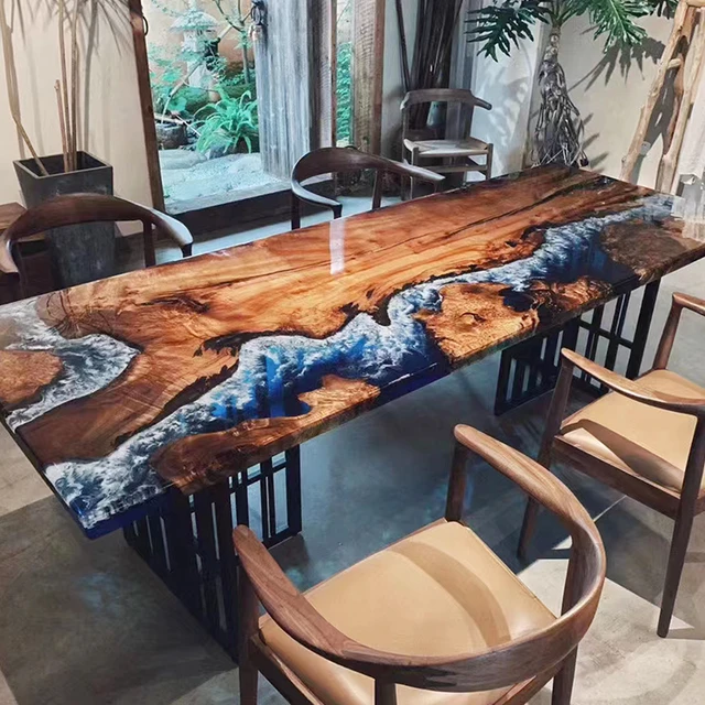 Space Olive Wood Slab Epoxy Table - On Wooden