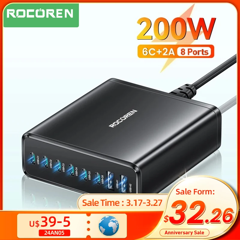 Rocoren 200W 8 In 1 Multi Port Usb Type C Pd Caricabatterie Ad Alta Velocità Desktop Fast Charging Power Station Per Iphone 15 Samsung Xiaomi