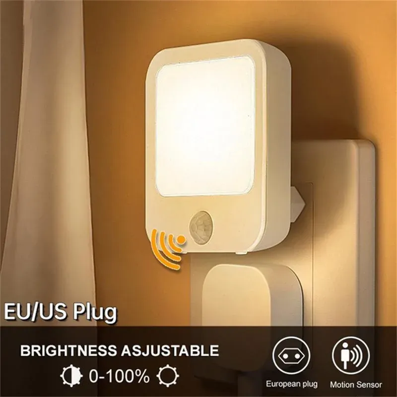  Motion Sensor LED Night Lights EU Plug Dimmable Cabinet Light for Baby Bedside Bedroom Corridor Wireless Night Lamp Lighting 