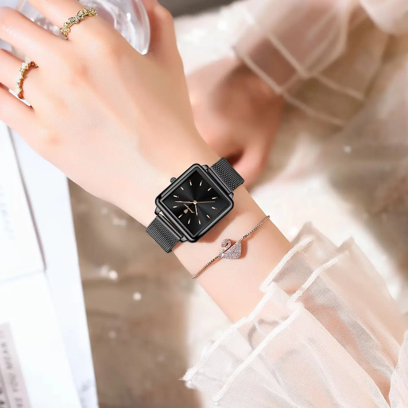 Poedagar Top Exquisite Ladies Wristwatch Waterproof Mesh Stainless Steel High Quality Woman Watch Square Women's Quartz Watches, Alina Gadgets