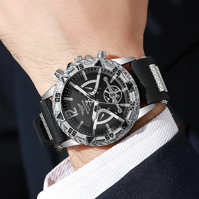 4PCS Fashion Arabic Dial Men Business Quartz Watch CasuSilicone Strap Wristwatch With Necklace Set Reloj Hombre (Without Box) - Image 5