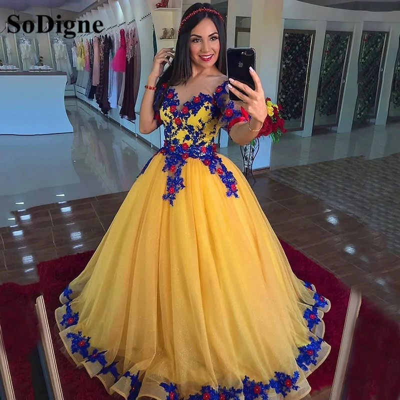 

SoDigne Yellow Glitter 2 Pieces Prom Dresses Lace 3d Flower Evening Gowns Short Sleeve Princess Formal Women Dress