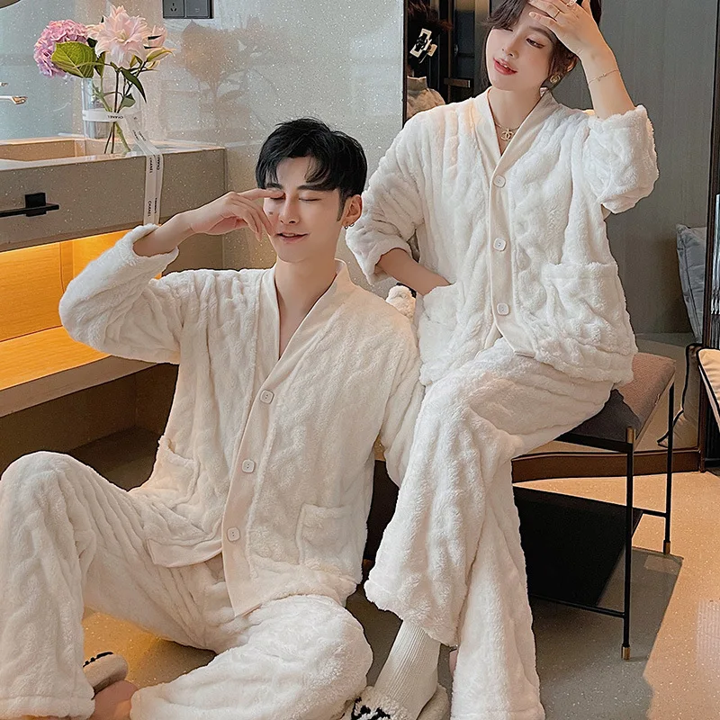 

Winter Women Flannel Pajamas Set Warm Korean Sleepwear Female Male Pijamas Coral Fleece Cute Couples Lounge Suit M-3XL