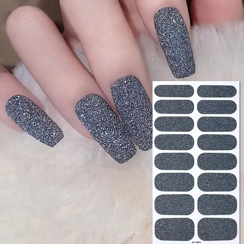 Nail Polish Strips 8 Sheets Nail Full Wrap Nail Polish Strips Pink Glitter Self-Adhesive Gel Sticker Women Home DIY Self Supplies Manicure Kit