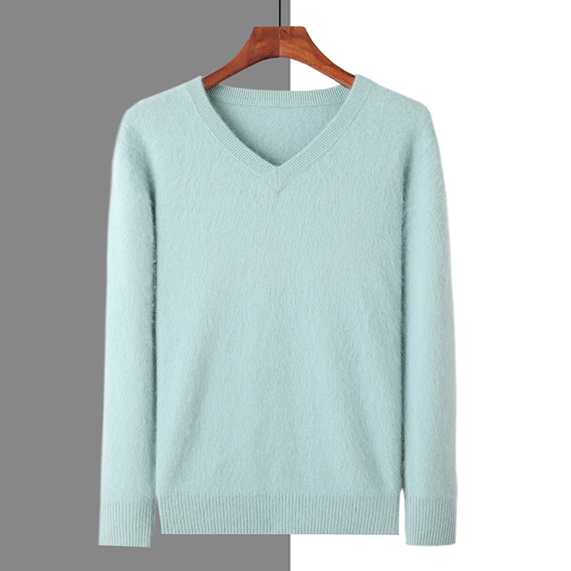 2024 autumn and winter new men's 100% mink cashmere sweater V-neck pullover knitted plus size coat long sleeve high-end pullover 2