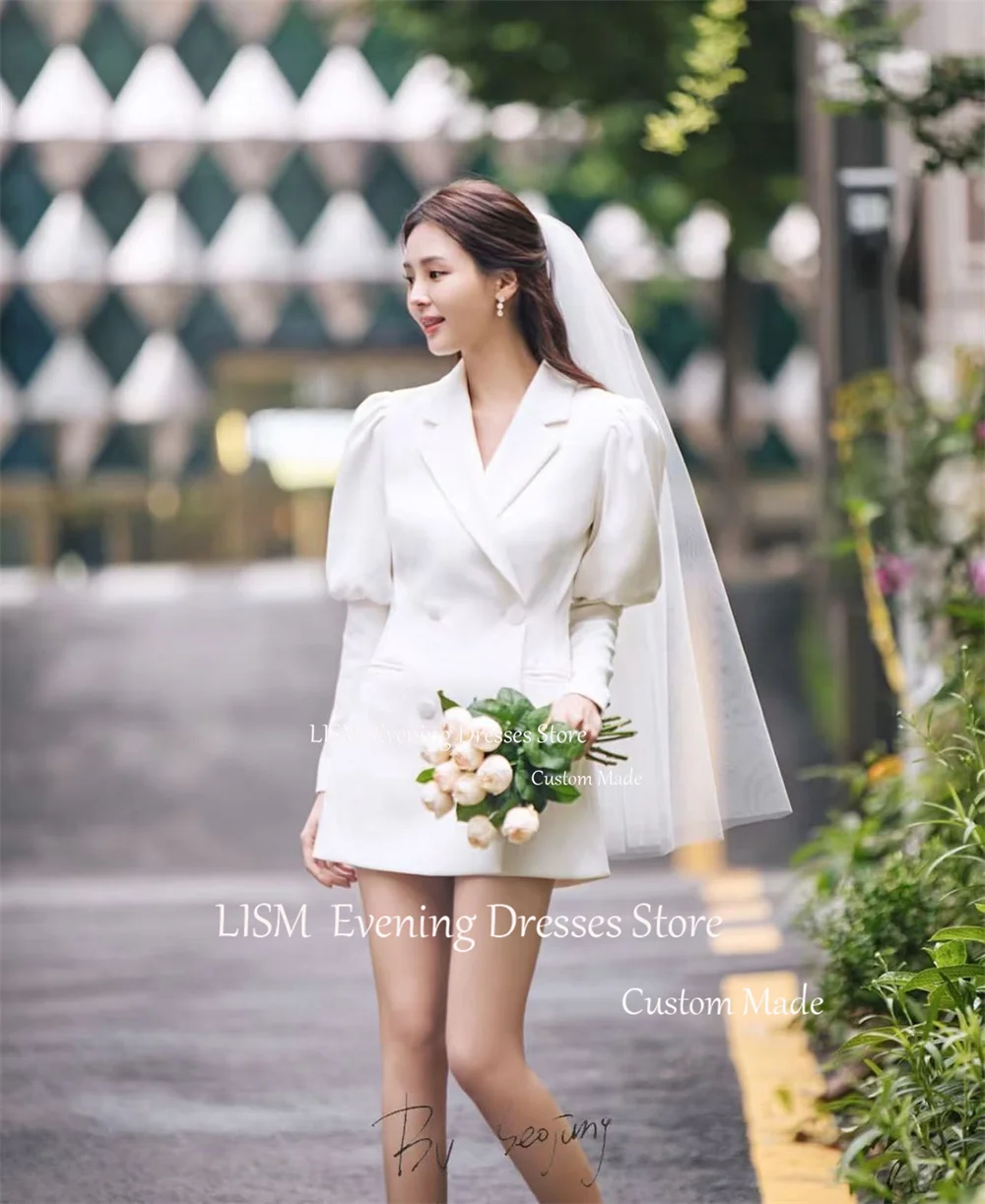 LISM Elegant Short Mini Korea Suit Wedding Dresses Customized Long Sleeve Puffy Vestidos De Novia Photo Shoot Bridal Party Gown 2