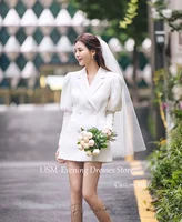 LISM Elegant Short Mini Korea Suit Wedding Dresses Customized Long Sleeve Puffy Vestidos De Novia Photo Shoot Bridal Party Gown 2