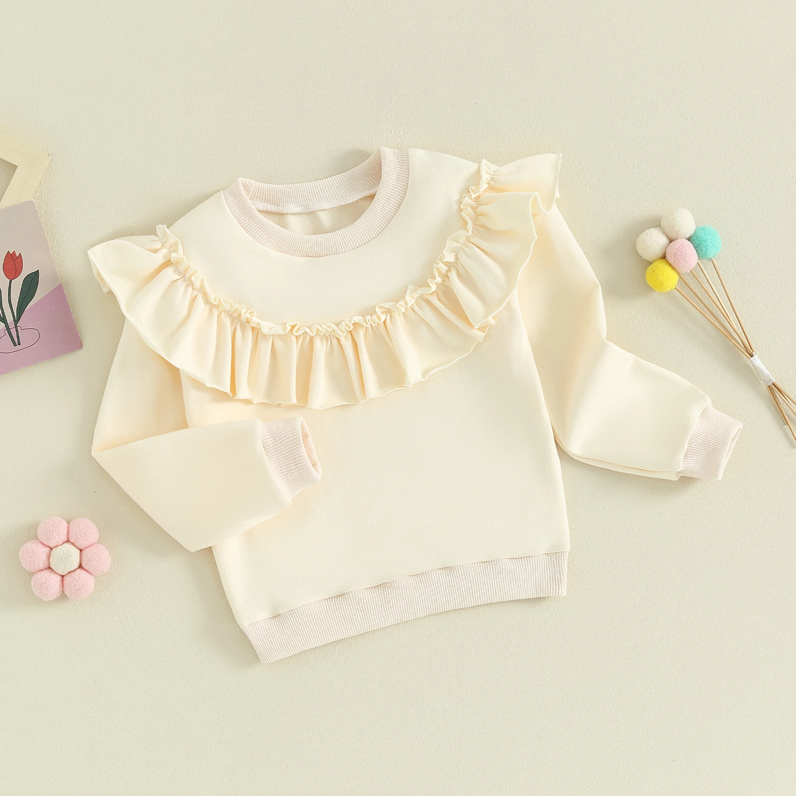 Toddler Kids Baby Girl Ruffle Sweatshirts Long Sleeve Round Neck Solid Color Pullovers Spring Tops 9M-4T girl sweatshirt kids sweatshirt baby girl clothes