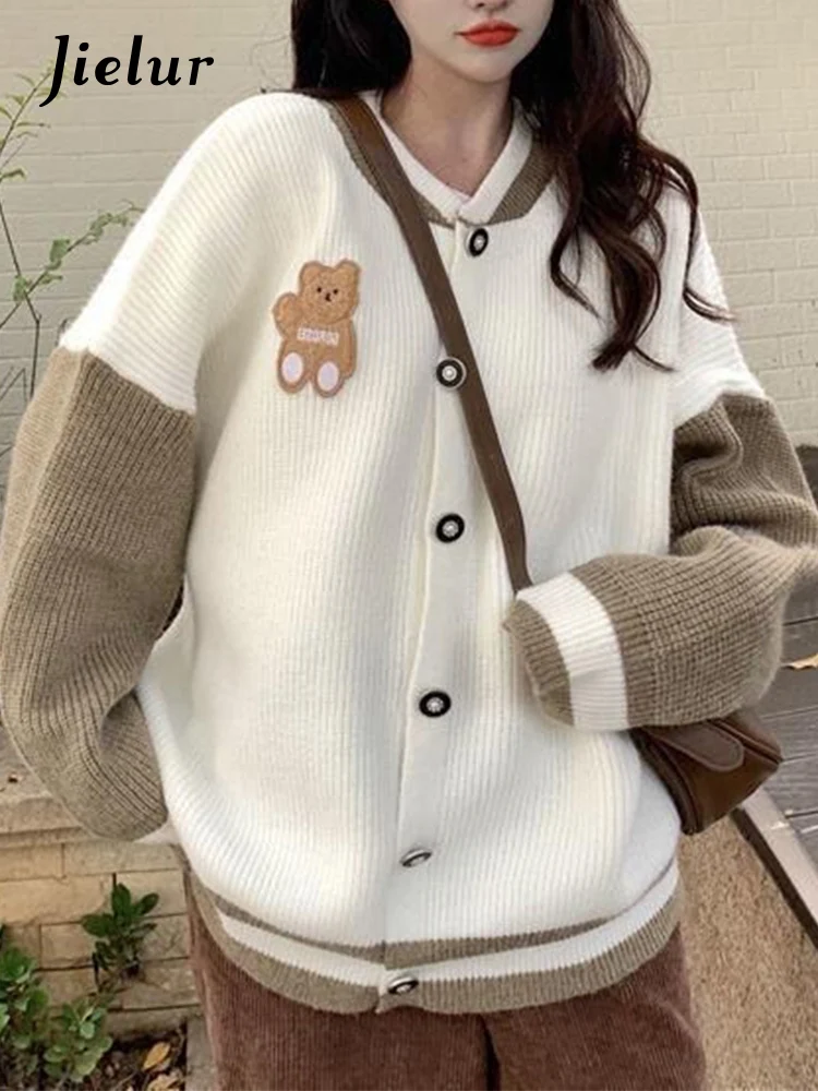 

Jielur New Winter Embroidery Contrast Color Women Cardigans Casual Streetwear Loose Sweet Knitted Female Cardigan Black Apricot