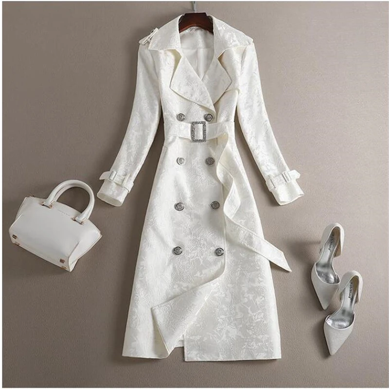 

Women Windbreaker In The Spring of 2023 The New Lapel Fashion White Jacquard Lace-up Waist Coat Trench Coat for Women