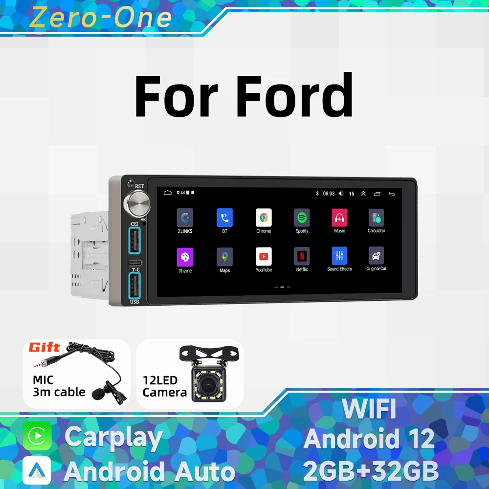 

Wireless Carplay Autoradio 1 Din Radio Android 13 Car Multimedia for Ford 6.86" Screen Stereo Head Unit GPS Navigation Wifi BT